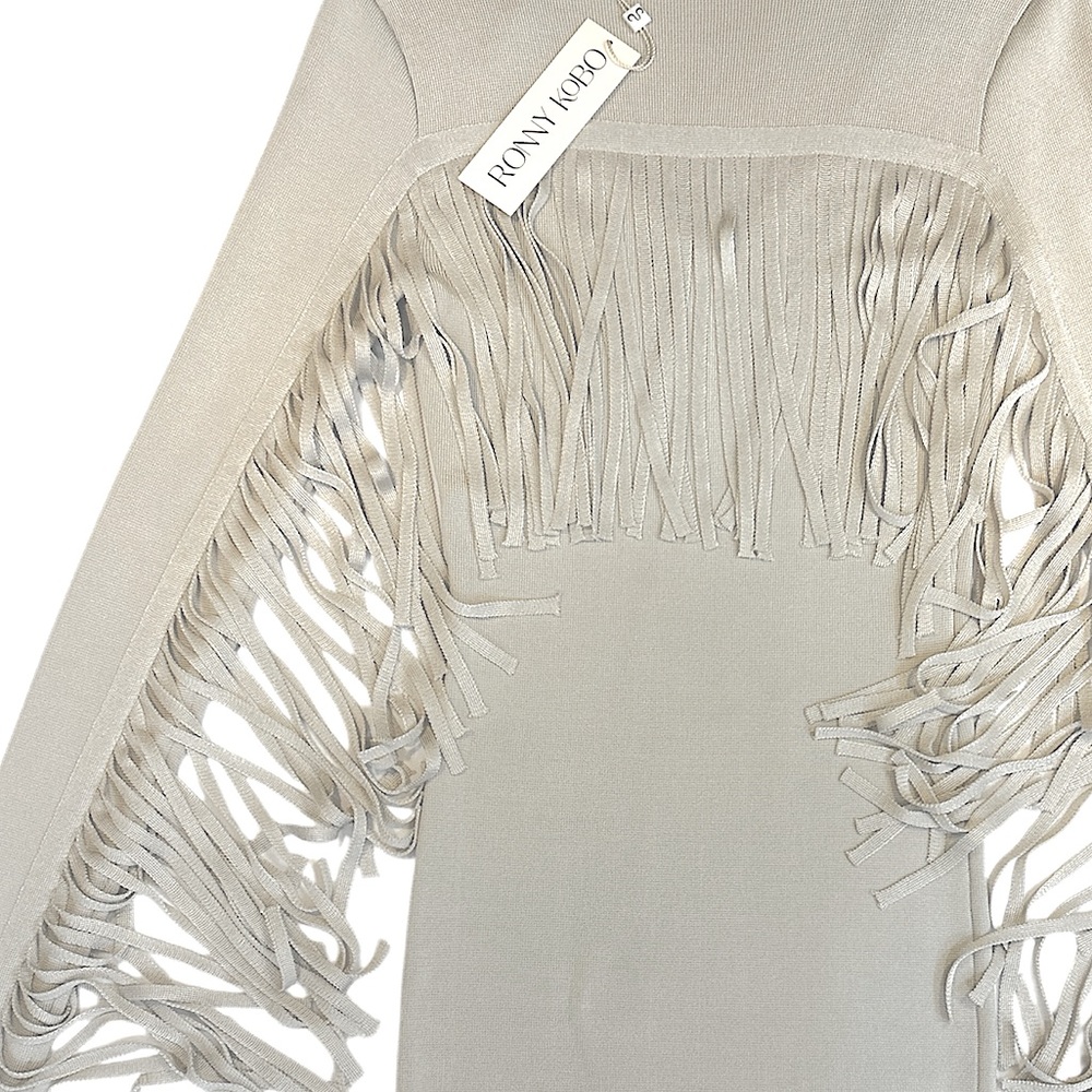 RONNY KOBO “Francesca” Fringe Long Sleeve V-Neck Bodycon Dress Size Small - Picture 3 of 6